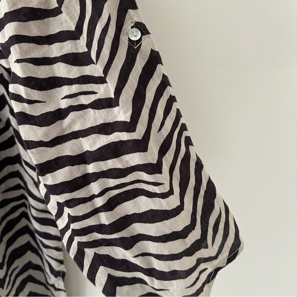 Tahari 100% Linen Tunic Top Zebra Stripe Size 2X Animal Print Button Up Toll Tab - Picture 3 of 8